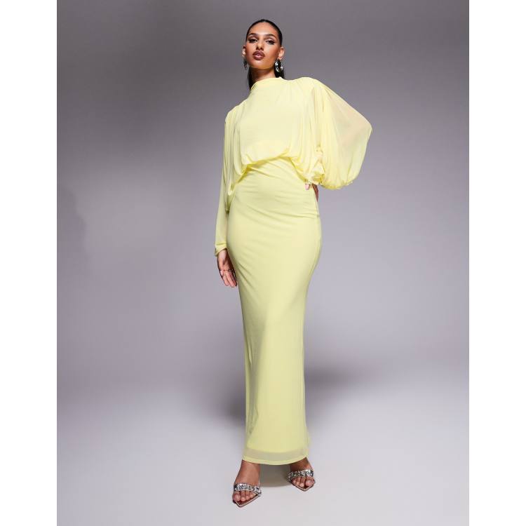 long sleeve maxi dress yellow ASOS DESIGN mesh draped blouson long sleeve maxi dress with ruched skirt in  lemon yellow
