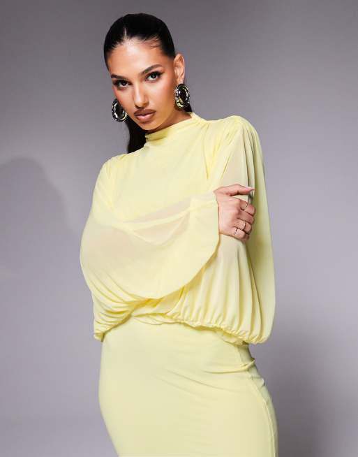 ASOS DESIGN mesh draped blouson long sleeve maxi dress with ruched skirt in  lemon yellow | ASOS