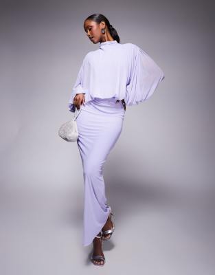 mesh draped blouson long sleeve maxi dress with ruched skirt in lilac-Yellow