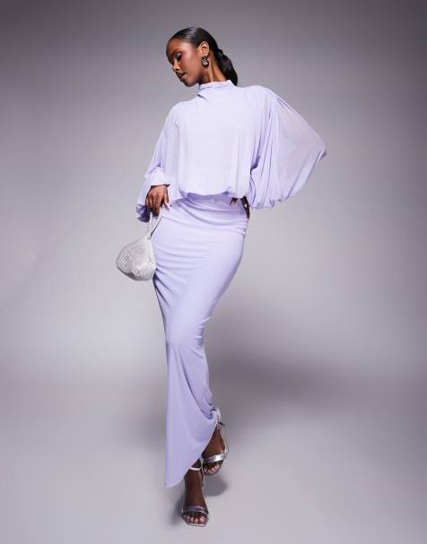 ASOS DESIGN mesh draped blouson long sleeve maxi dress with ruched skirt in lilac - view 1