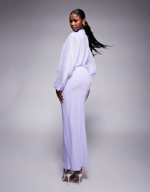 ASOS DESIGN mesh draped blouson long sleeve maxi dress with ruched skirt in lilac, 2 of 4