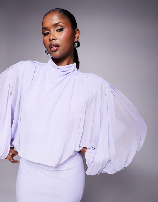 ASOS DESIGN mesh draped blouson long sleeve maxi dress with ruched skirt in lilac, 4 of 4