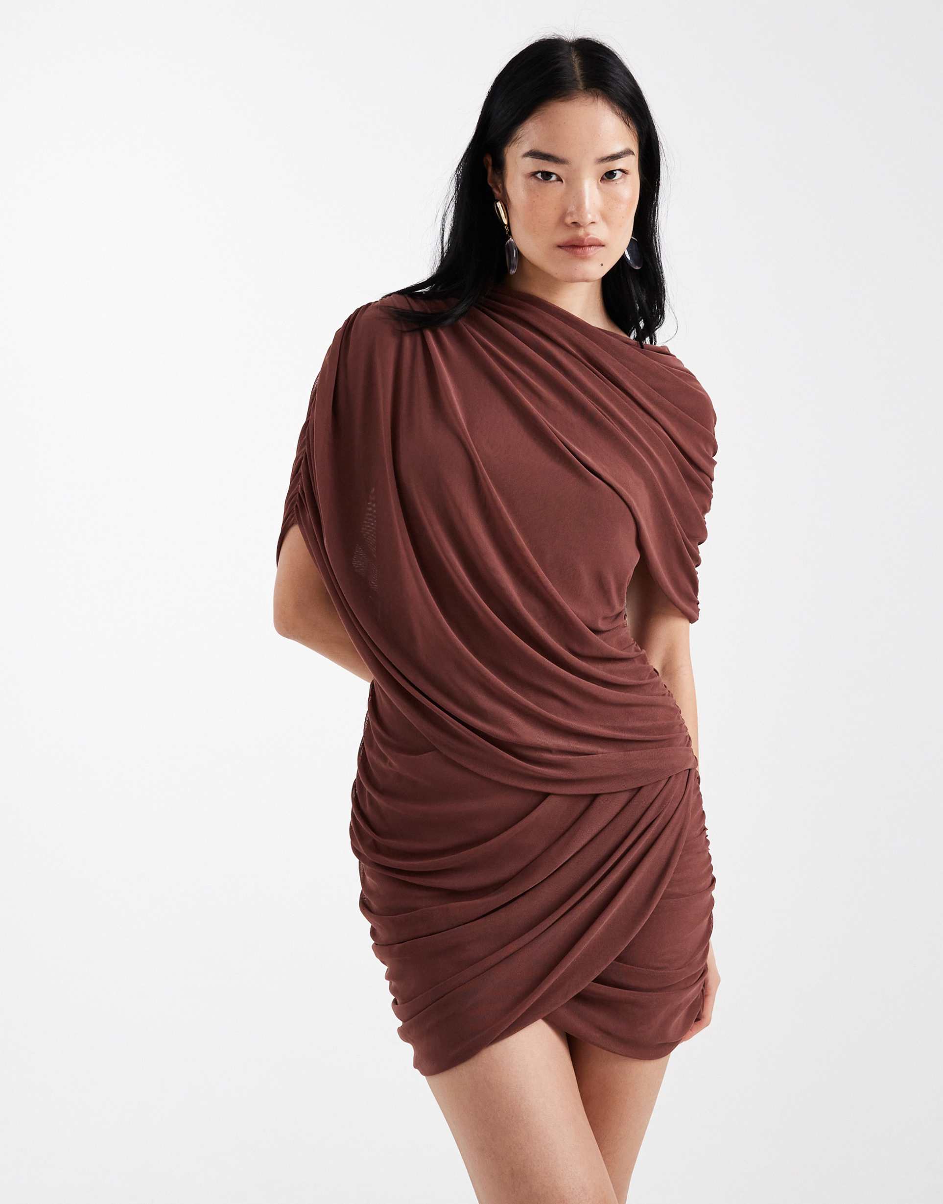 asos design mesh draped cape detail mini dress in chestnut