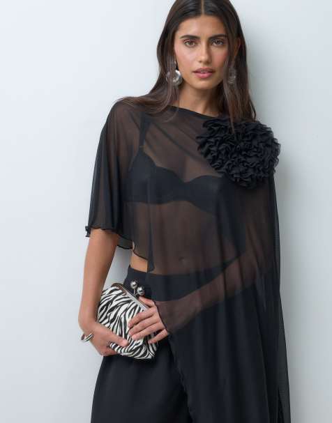 ASOS DESIGN mesh draped cape top with corsage in black - view 1