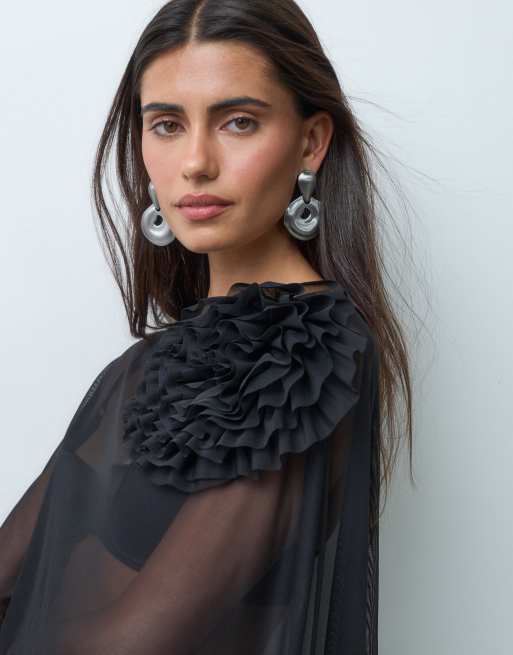 ASOS DESIGN mesh draped cape top with corsage in black, 3 of 5