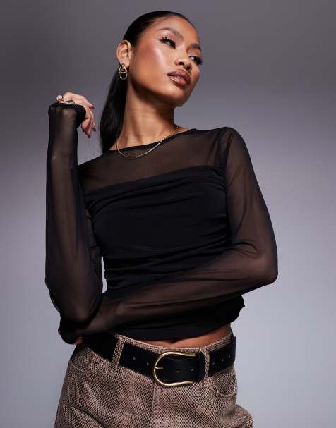 ASOS DESIGN mesh draped front long sleeve top in black - view 1