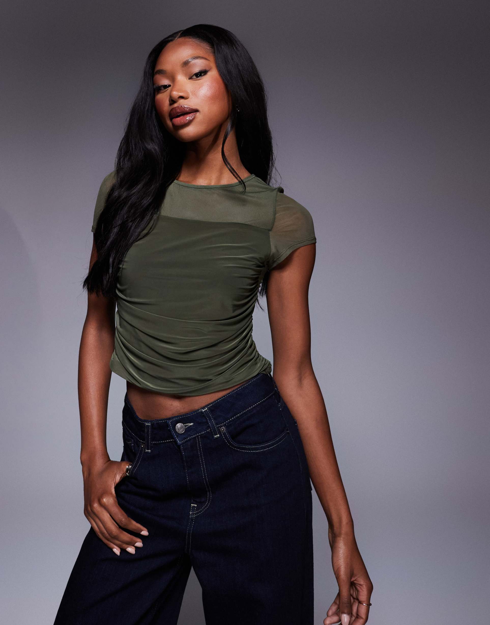 asos design mesh draped front short sleeve top in khaki