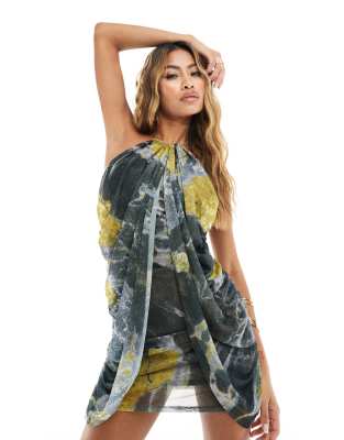 ASOS DESIGN mesh draped halter mini dress in gray smudge print | ASOS