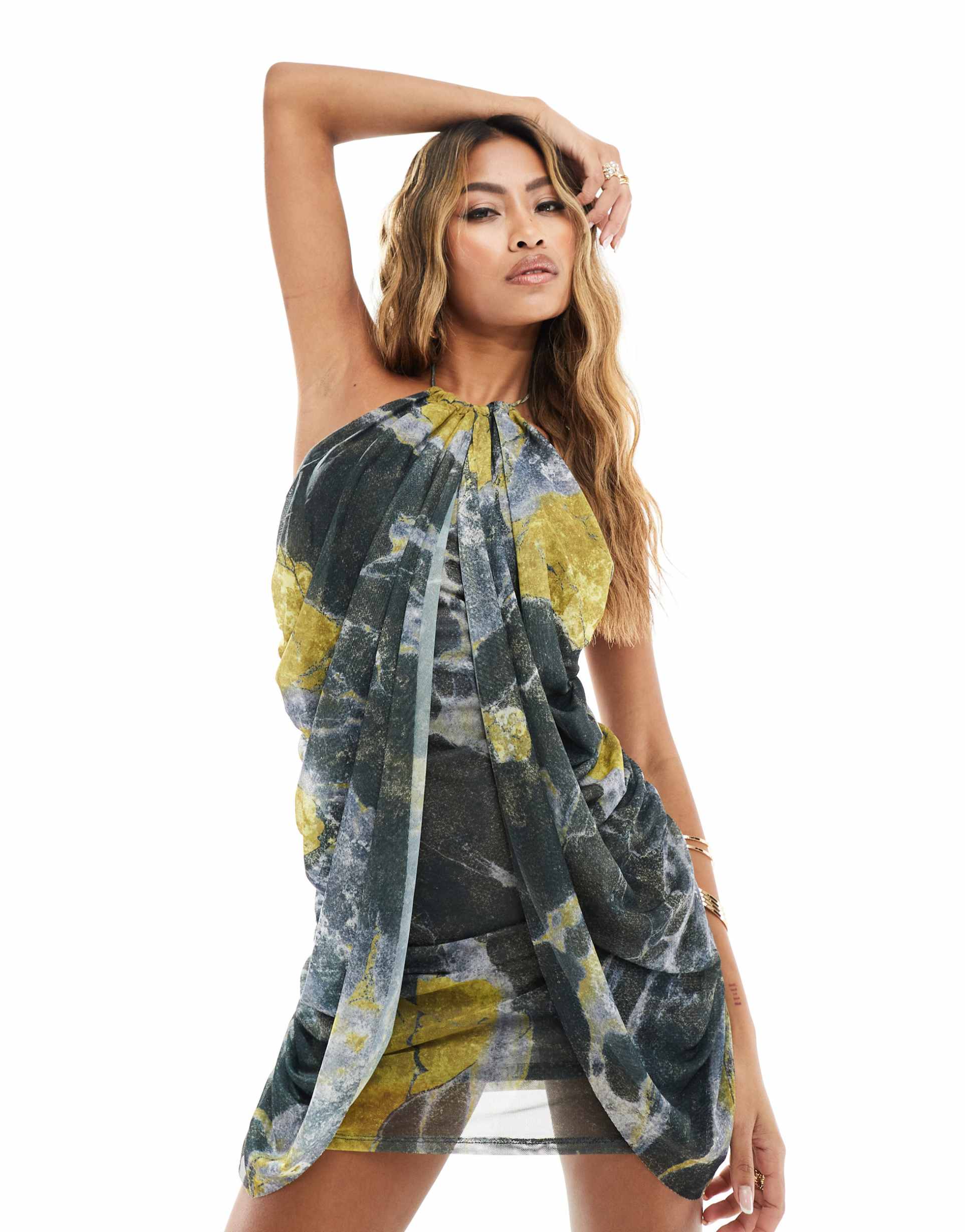 asos design mesh draped halter mini dress in gray smudge print