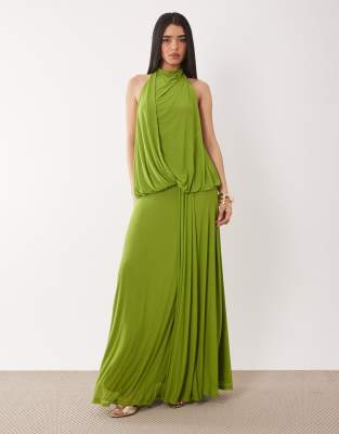 Asos Design Mesh Draped Halter Neck Maxi Dress In Green