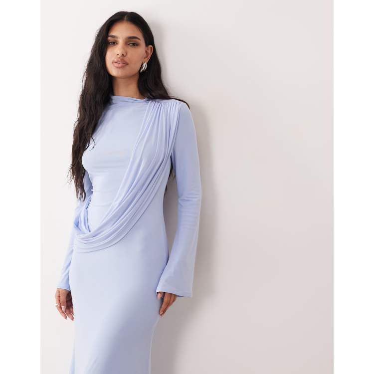 knee length dresses for ladies Jada Long Sleeve Asymmetrical Drape Maxi Mesh Dress – RI MI