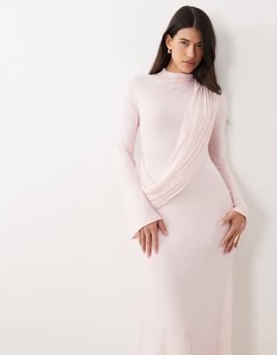 Asos Design Mesh Draped High Neck Long Sleeve Maxi Dress In Multi
