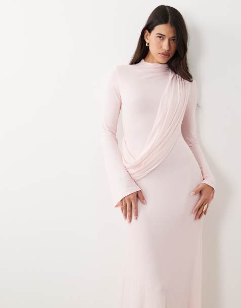 ASOS DESIGN mesh draped high neck long sleeve maxi dress in pink - view 1