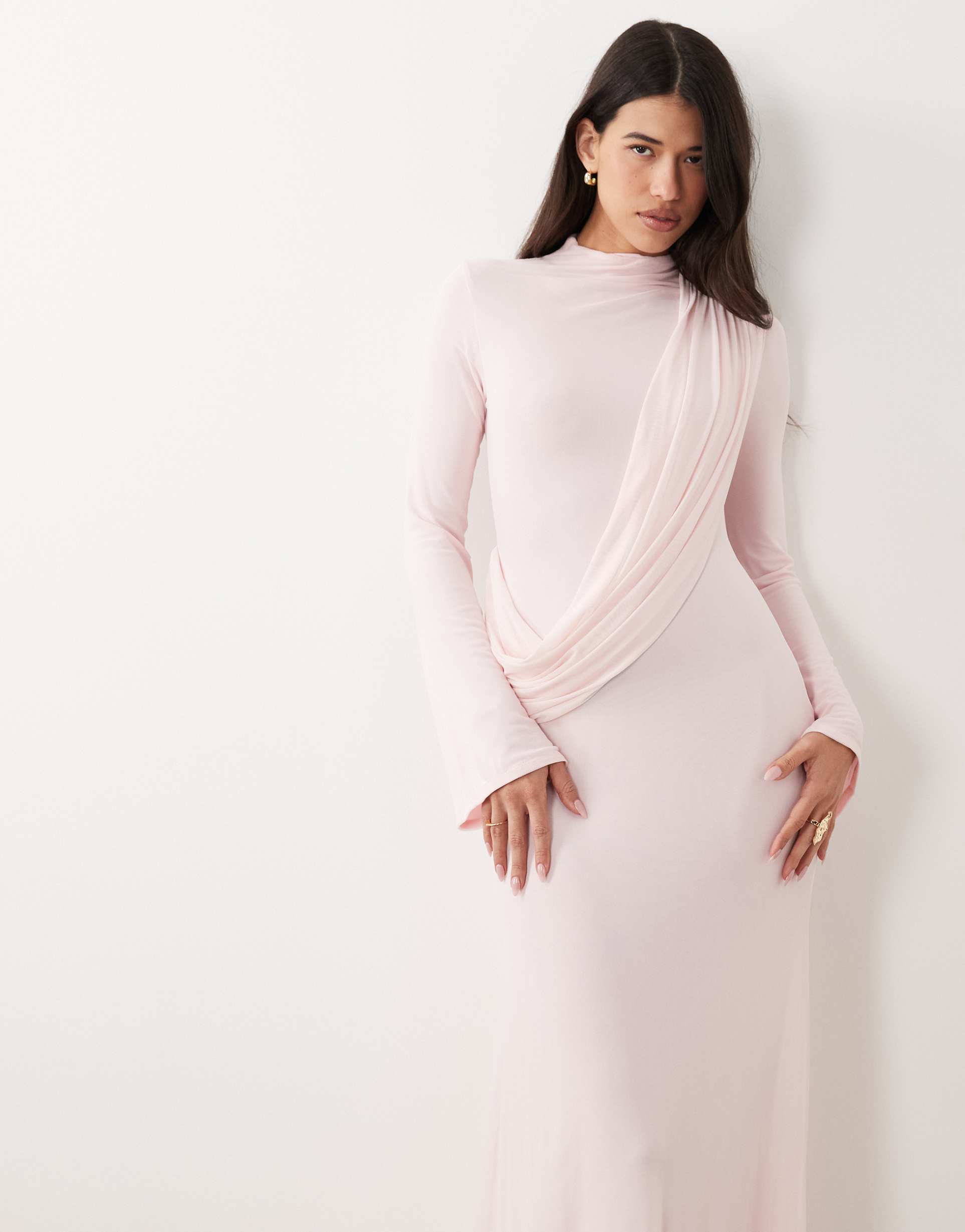 asos design mesh draped high neck long sleeve maxi dress in pink