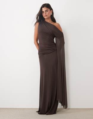 Asos Design Mesh Draped Maxi Dress In Brown