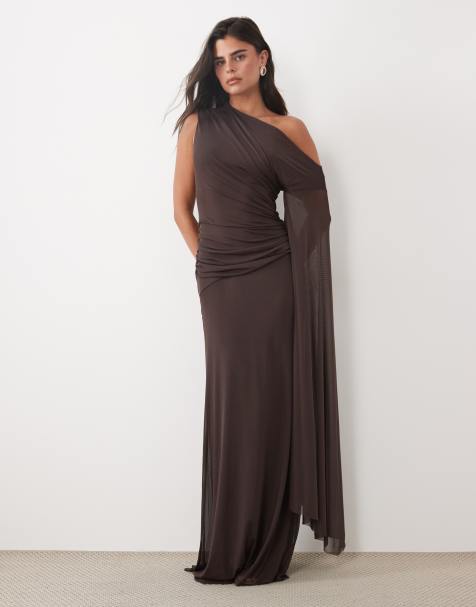 ASOS DESIGN mesh draped maxi dress in chocolate - view 1