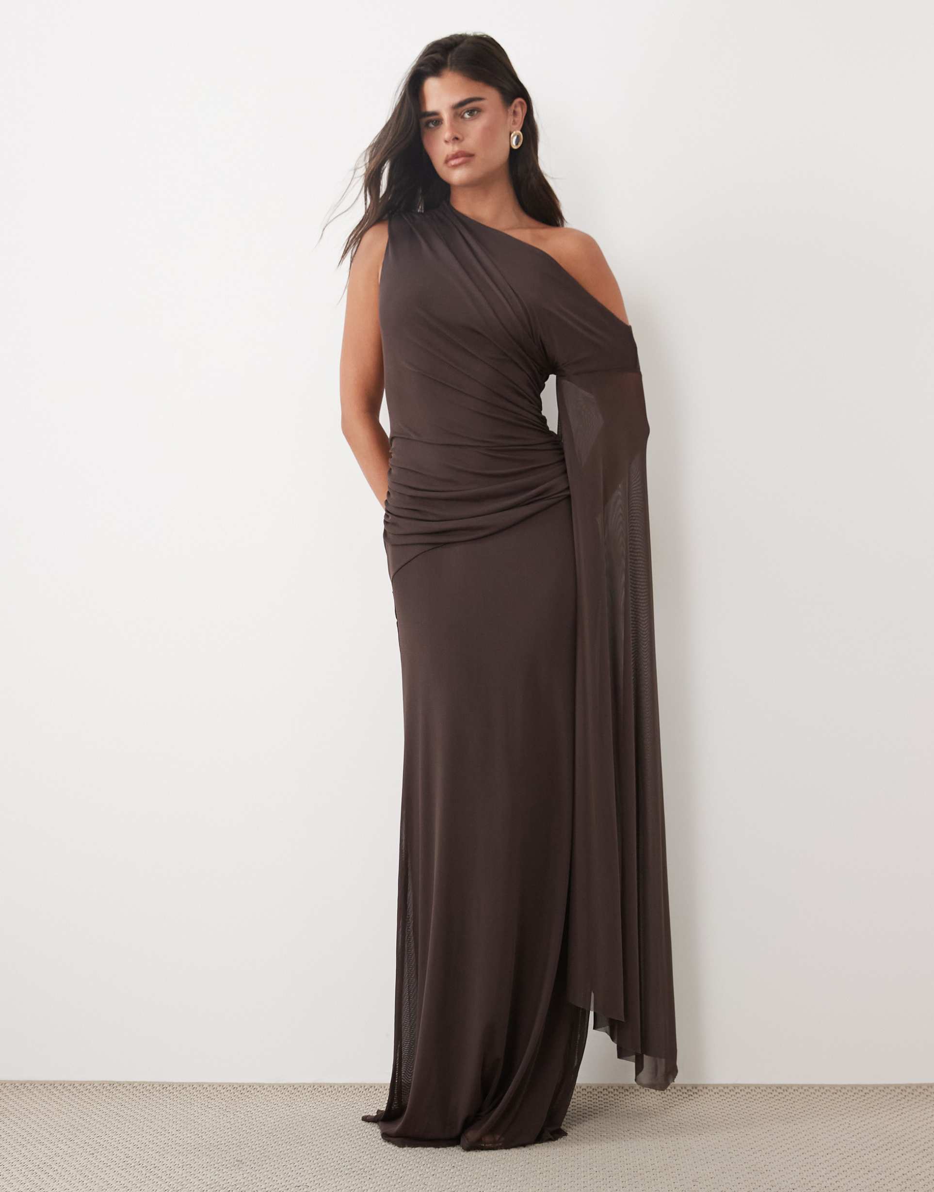 asos design mesh draped maxi dress in chocolate