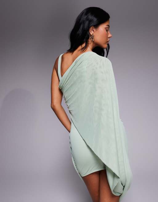 ASOS DESIGN mesh draped mini dress in sage, 4 of 4