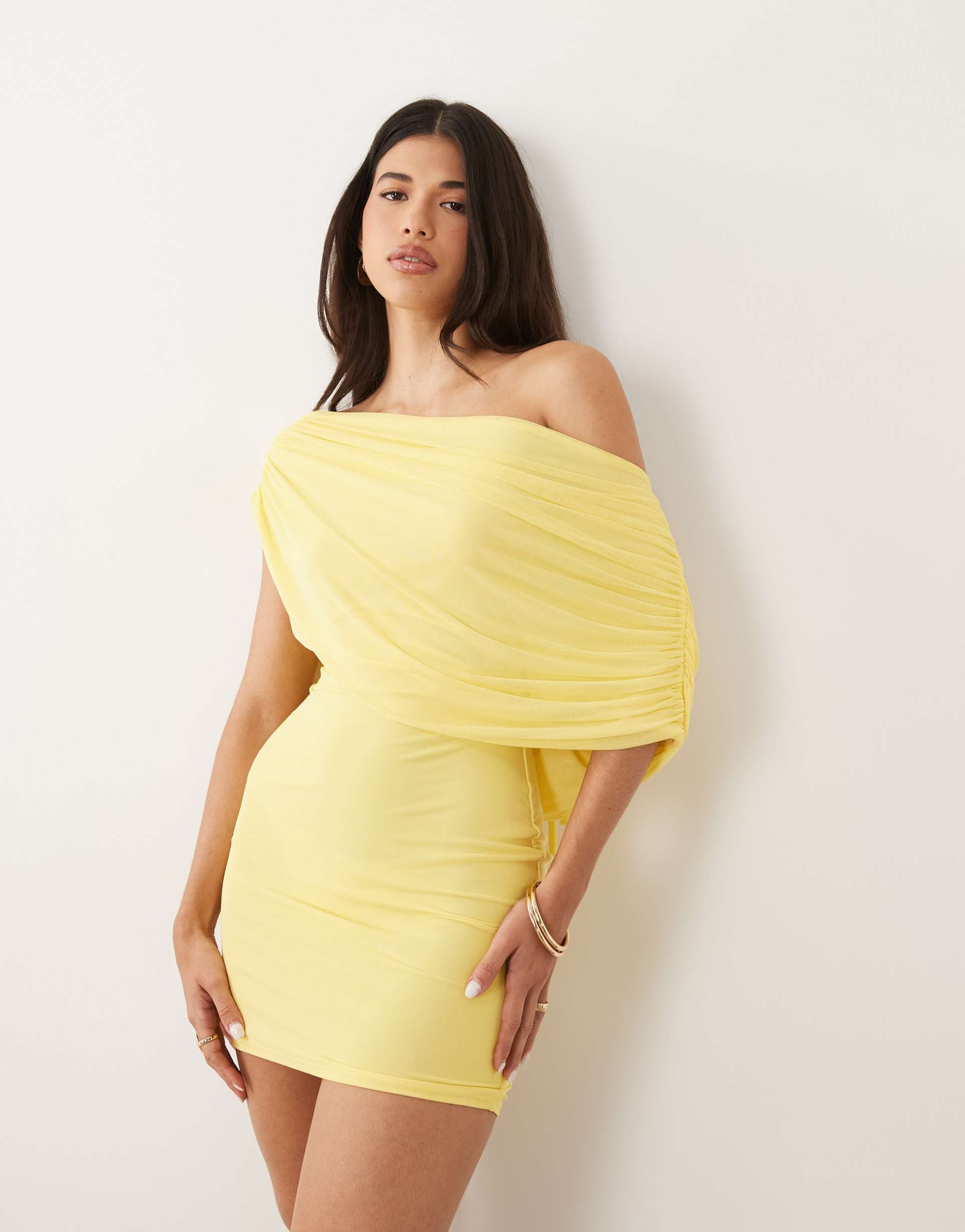asos design mesh draped off shoulder mini dress in lemon