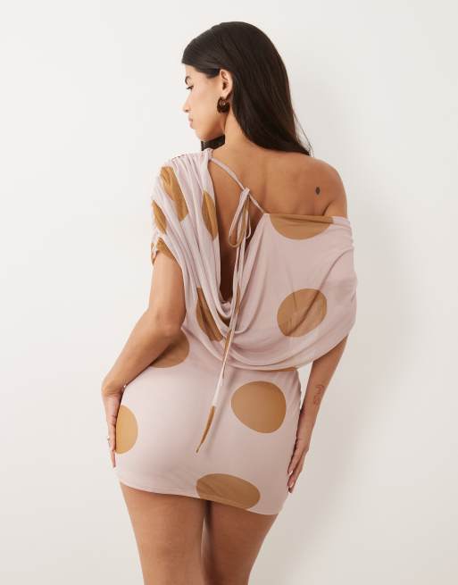 ASOS DESIGN mesh draped off shoulder mini dress in pink polka dot