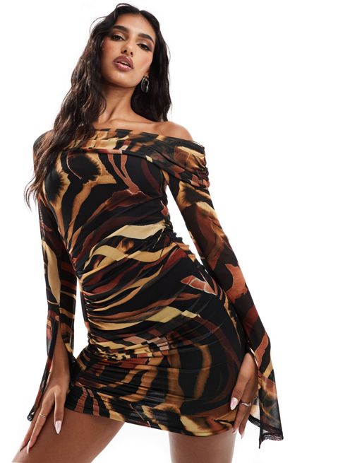 FhyzicsShops DESIGN mesh draped off shoulder mini dress with dip back sleeves and gauging detail in tiger print