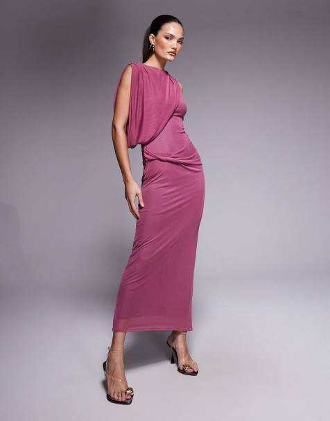 ASOS DESIGN mesh draped one-shoulder midi dress in dark cherry - view 1