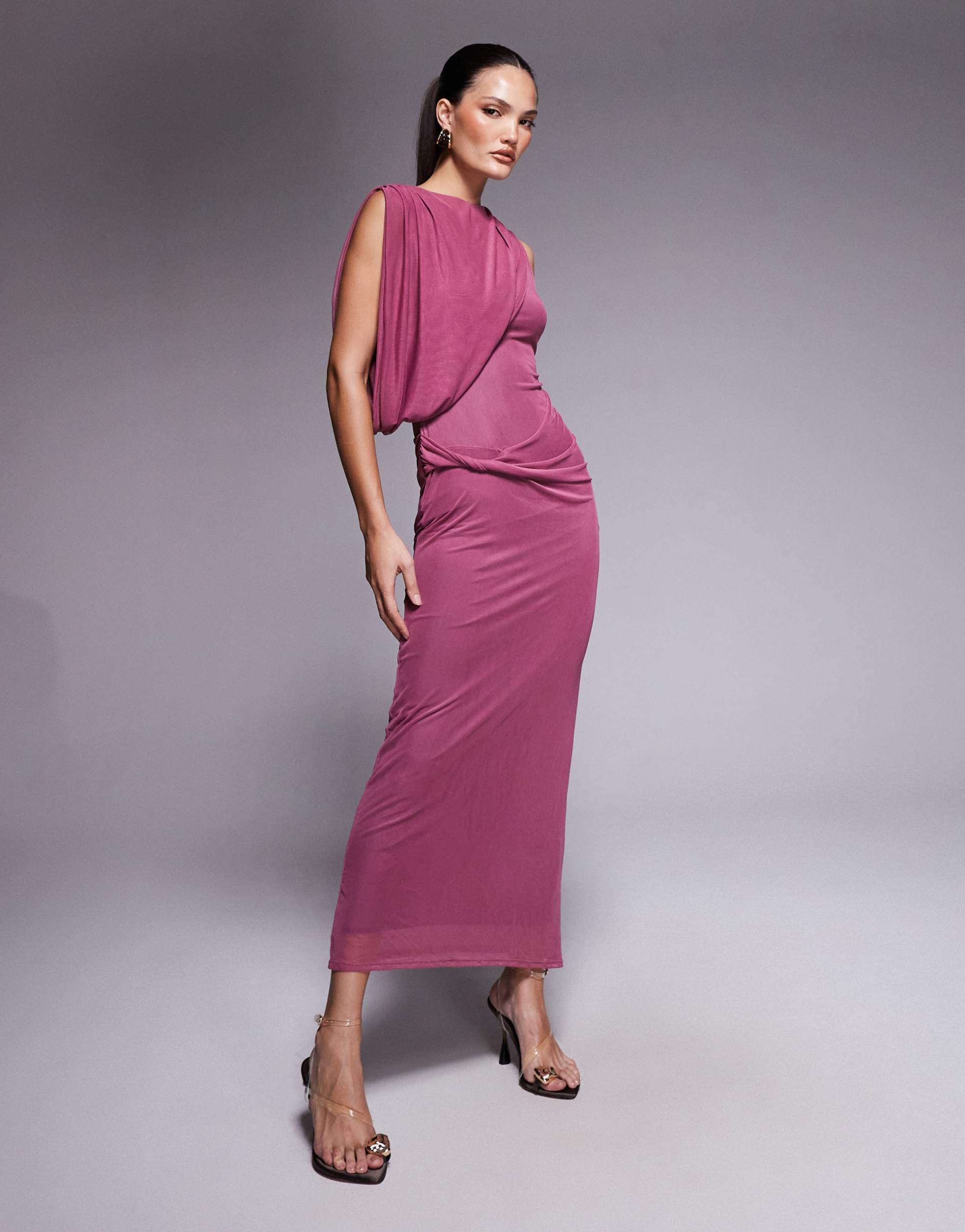 asos design mesh draped one-shoulder midi dress in dark cherry