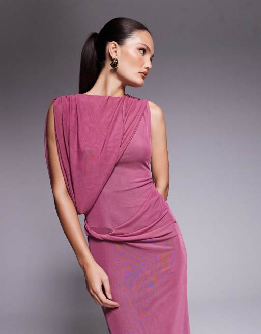 ASOS DESIGN mesh draped one-shoulder midi dress in dark cherry