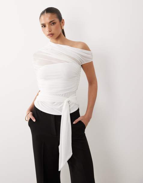 ASOS DESIGN mesh draped one shoulder top with cinched waist in cream - view 1