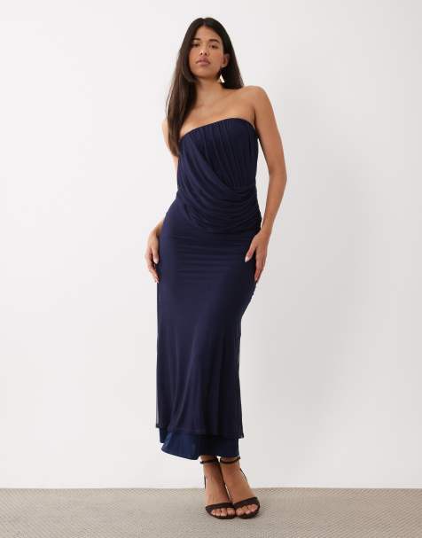 ASOS DESIGN mesh draperet bandeau-maxikjole i navy - view 1
