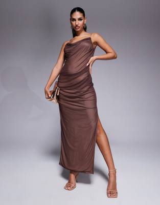 Asos Design Mesh Drapey Cami Midi Dress With Clear Strap Detail In Chocolate Brown