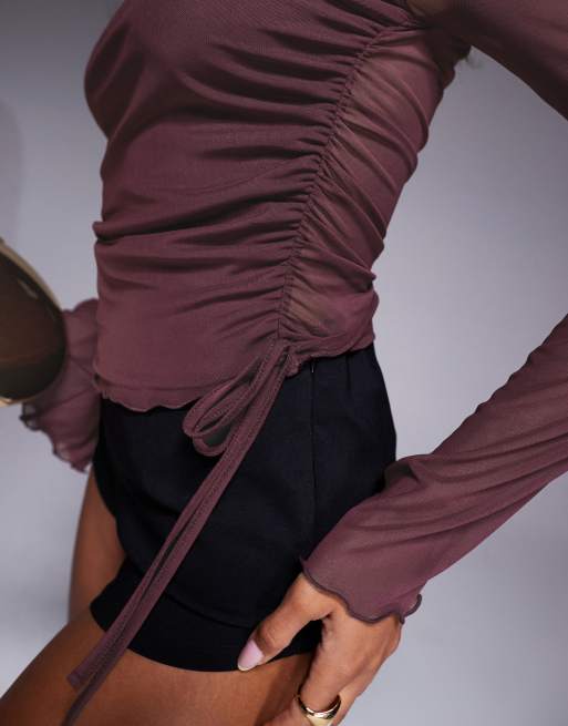 ASOS DESIGN mesh drawstring top with flute sleeve in plum, 3 of 4