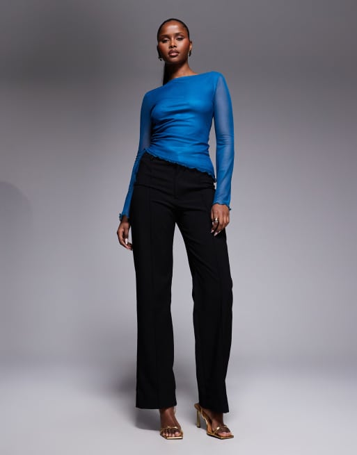 ASOS DESIGN mesh drawstring top with flute sleeve in teal, 2 of 4
