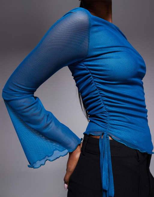 ASOS DESIGN mesh drawstring top with flute sleeve in teal, 4 of 4