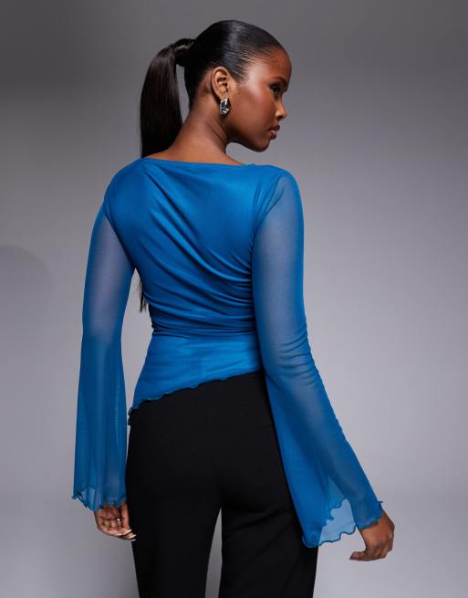 ASOS DESIGN mesh drawstring top with fluted sleeves in teal, 3 of 4