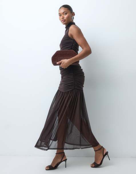 ASOS DESIGN mesh drop waist circle dress with grown in neck in chocolate