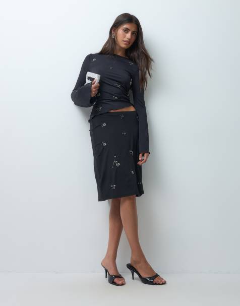 ASOS DESIGN mesh embellished skirt & top set in black - view 1