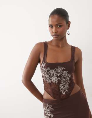 Asos Design Mesh Embroidered Corset Top In Multi