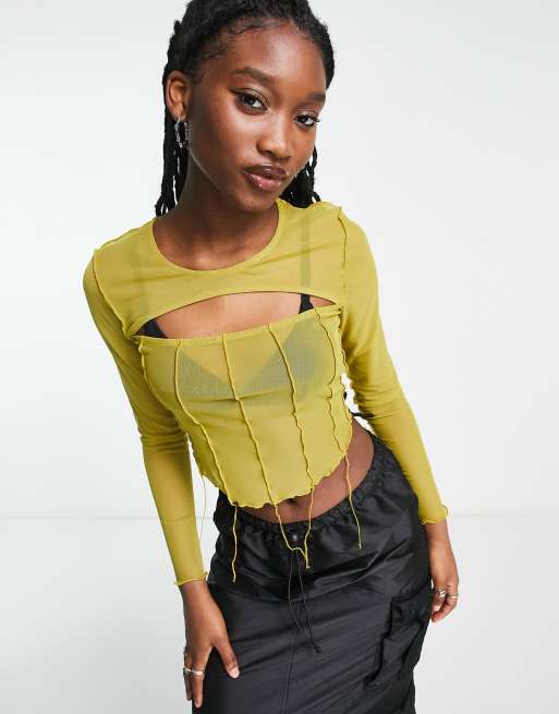 COLLUSION exposed seam long sleeve mesh top in green