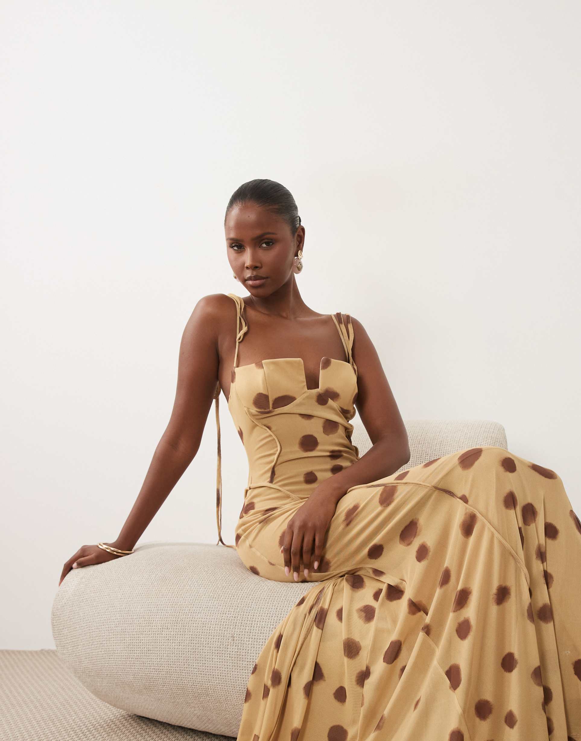 asos design mesh exposed seam sculpted cupped maxi dress in blurred polka dot