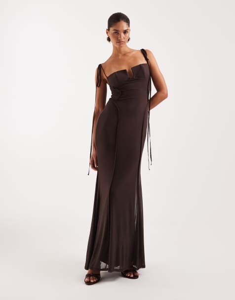 ASOS DESIGN mesh exposed seam sculpted cupped maxi dress in chocolate - view 1