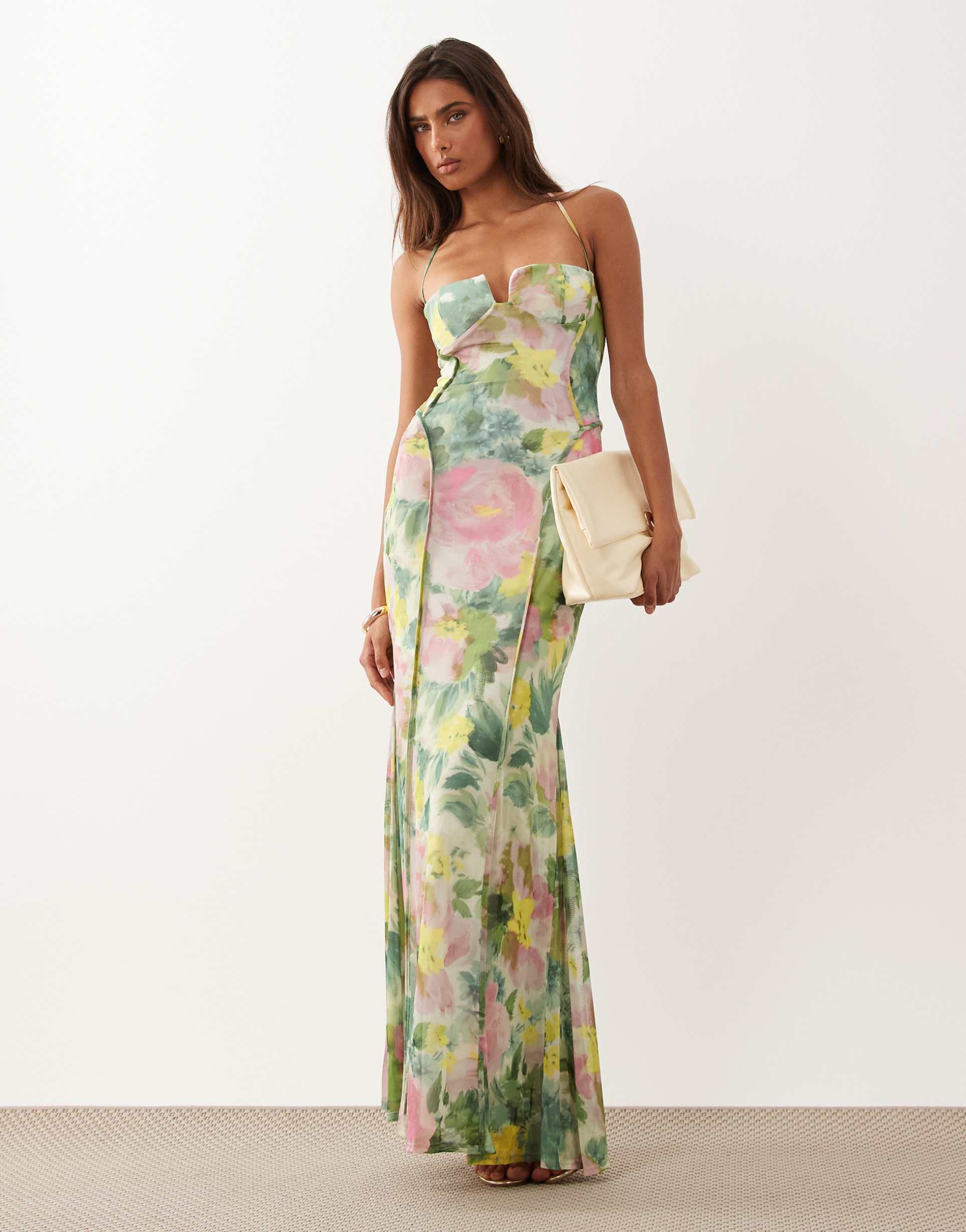 asos design mesh exposed seam sculpted cupped maxi dress in green floral print
