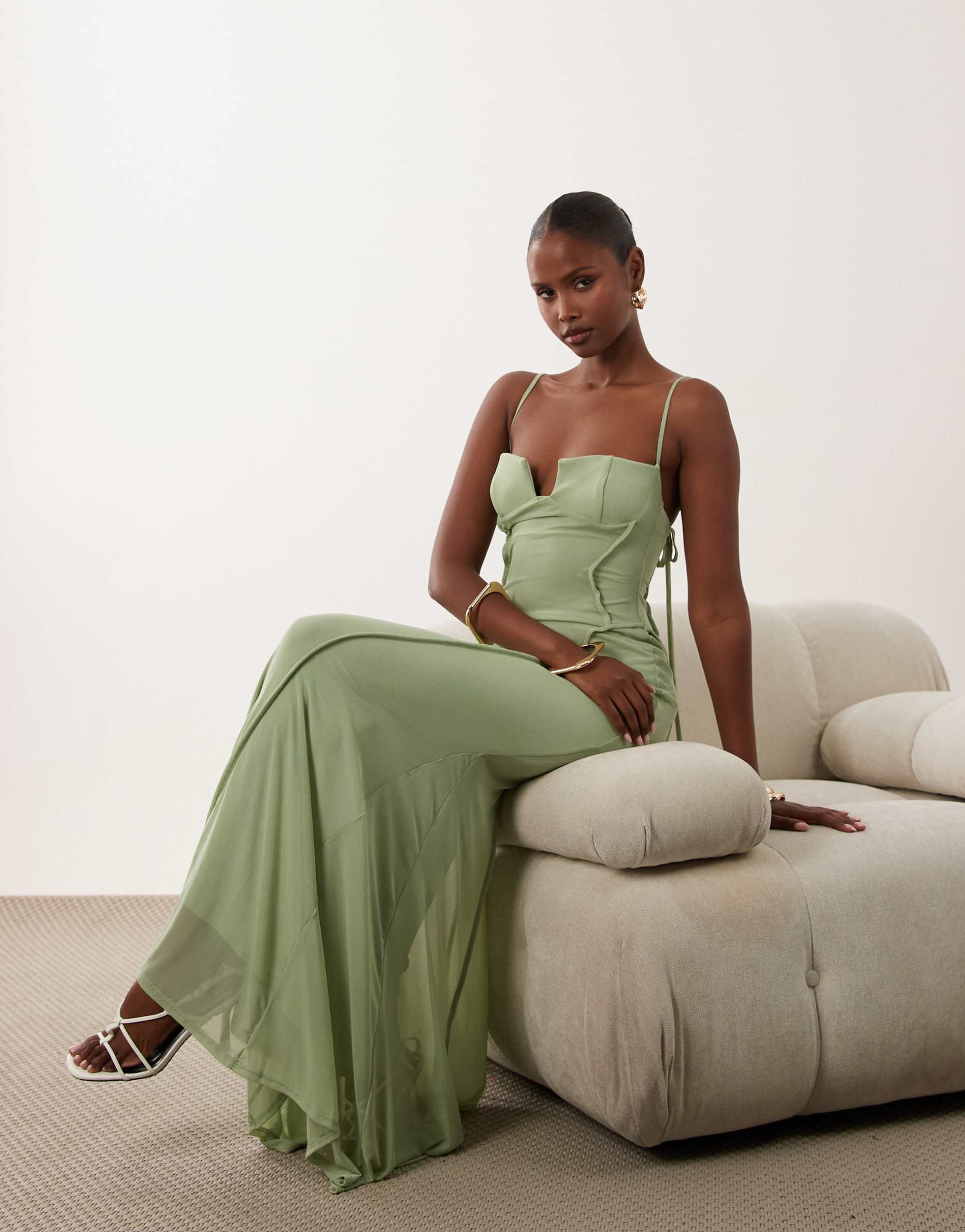 asos design mesh exposed seam sculpted cupped maxi dress in sage
