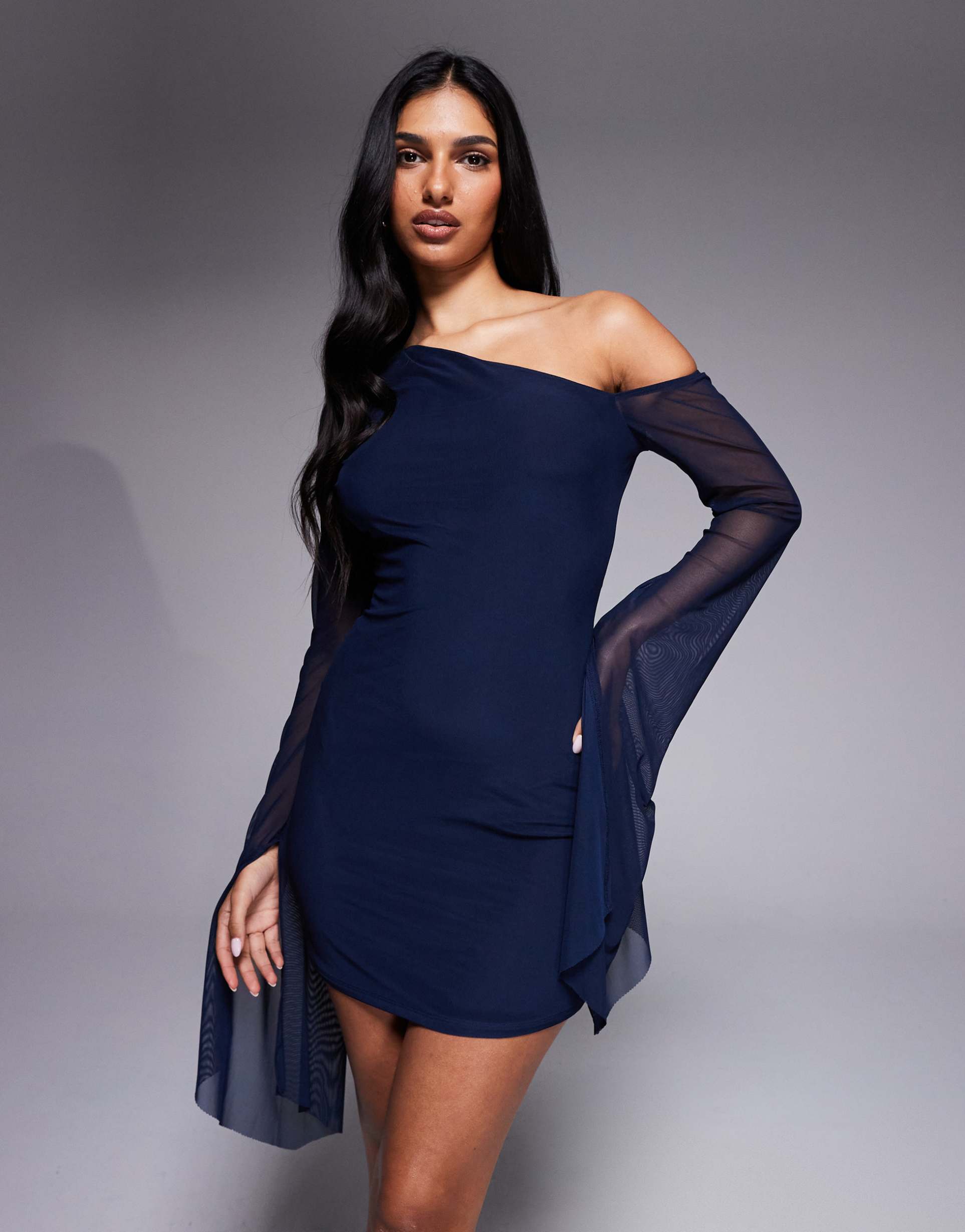 asos design mesh extreme hanky sleeve asymmetric mini dress in navy