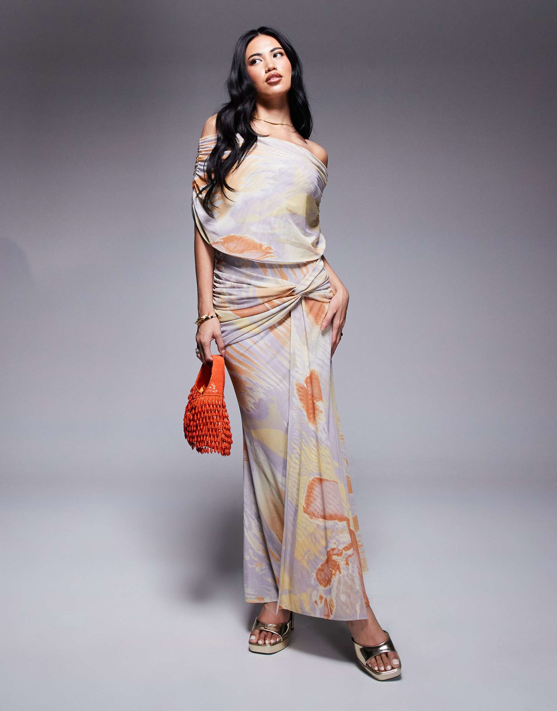 asos design mesh extreme ruched bodice maxi dress with drape in abstract print