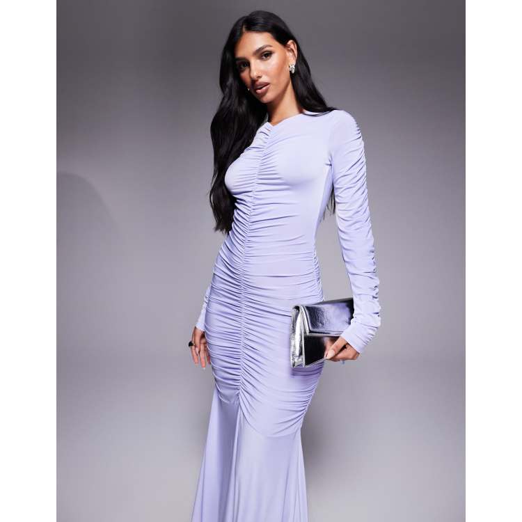 lilac mesh ruched bodycon dress ASOS DESIGN extreme long sleeve maxi in Square neck