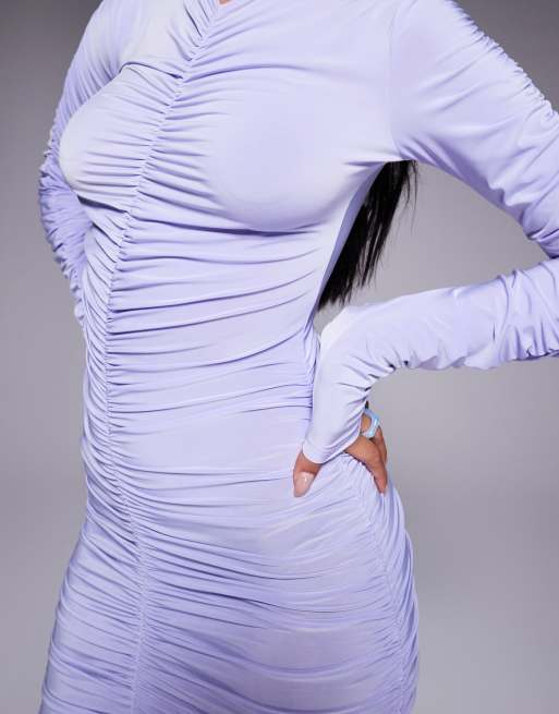 ASOS DESIGN mesh extreme ruched long sleeved maxi dress in lilac