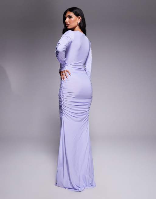 ASOS DESIGN mesh extreme ruched long sleeved maxi dress in lilac