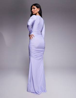 ASOS DESIGN mesh extreme ruched long sleeved maxi dress in lilac
