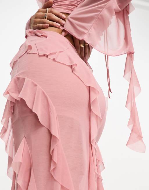 ASOS DESIGN mesh extreme ruffle midi skirt in blush part of a set